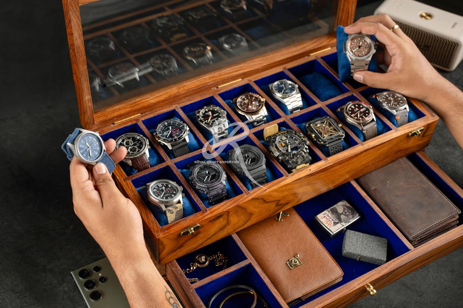 Royal Craft Expertise® 14-Slot Premium Wooden Watch Box with Drawer – Luxury Watch Organizer for Men | Handcrafted Rosewood Case with Velvet Lining | Large Capacity for Collectors - Best Gift for him