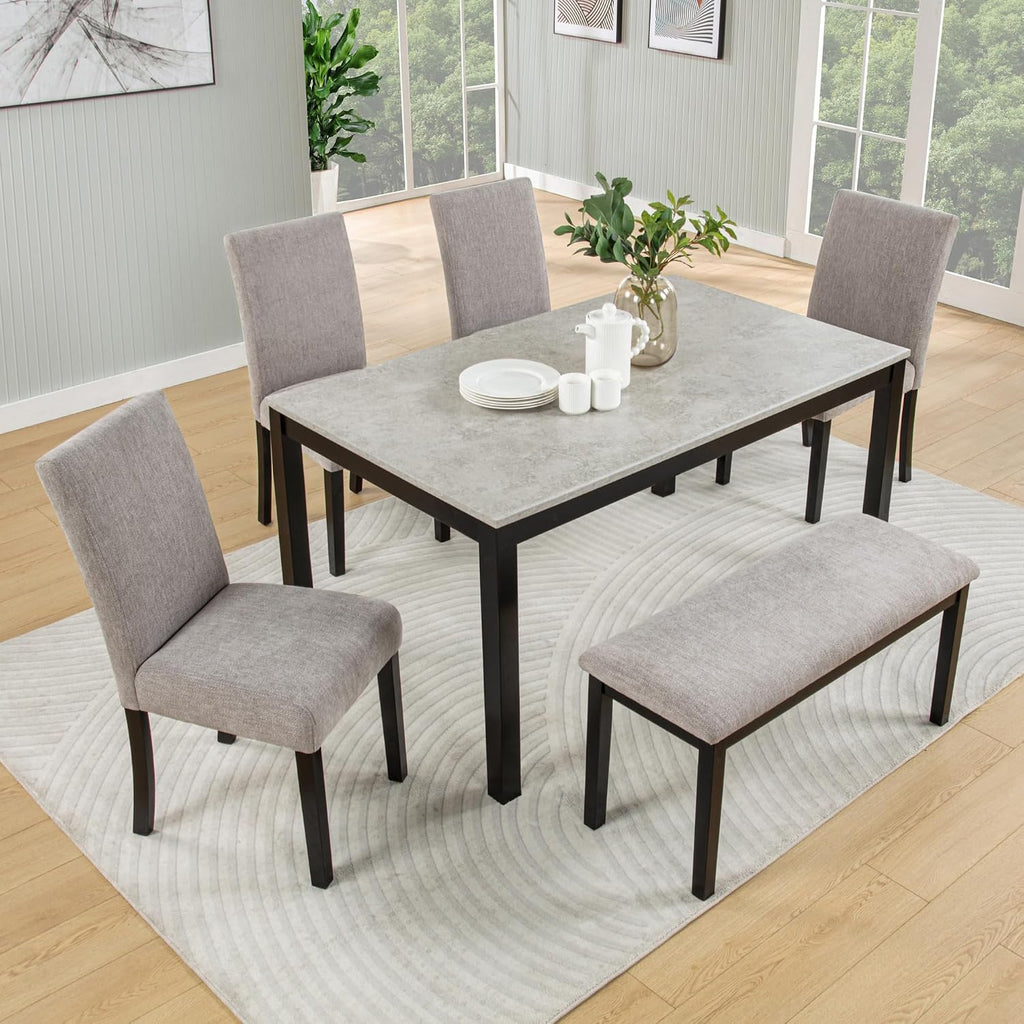 KEIKI 6-Piece Standard Height Dining Table Set with Rectangular Table, 4 Upholstered Curved Backrset Chair, Bench, for 6 Person, Modern Table Set, Easy Assembly, for Kitchen, Dining Room, Black+Gray
