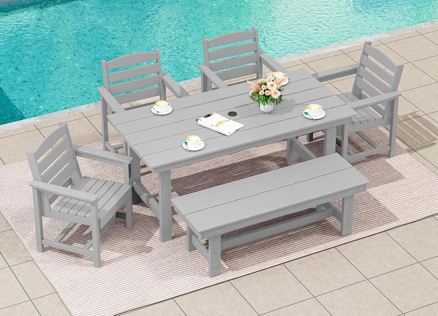 SERWALL Patio Dining Table and Bench Set for 6, Light Gray