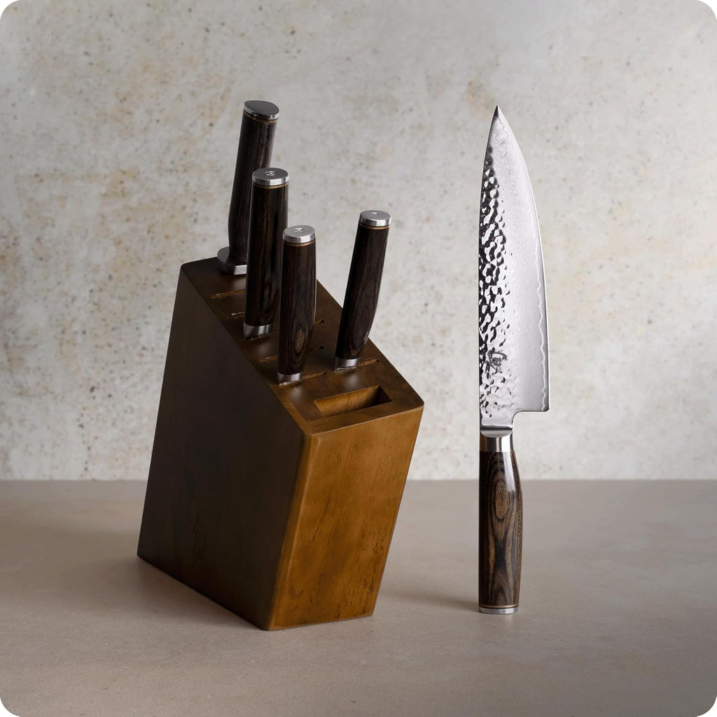 Shun Premier 6 Piece Block Set, Includes 8' Chef, 4' Paring, 5.5' Nakiri, 6.5' Utility Knives, Honing Steel & 8-Slot Angled Knife Block, Handcrafted Japanese Knife Set, Pakkawood Handles