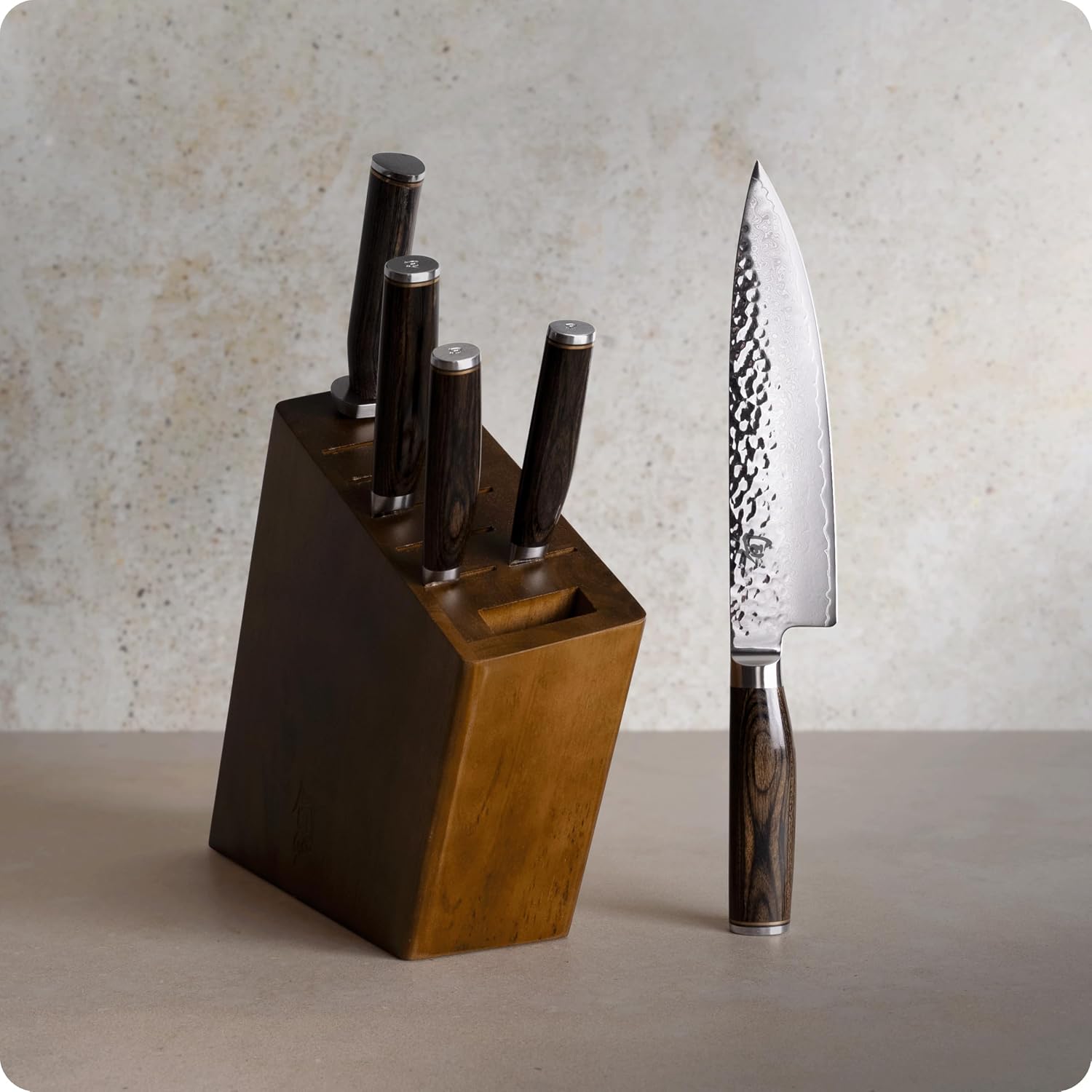 Shun Premier 6 Piece Block Set, Includes 8' Chef, 4' Paring, 5.5' Nakiri, 6.5' Utility Knives, Honing Steel & 8-Slot Angled Knife Block, Handcrafted Japanese Knife Set, Pakkawood Handles