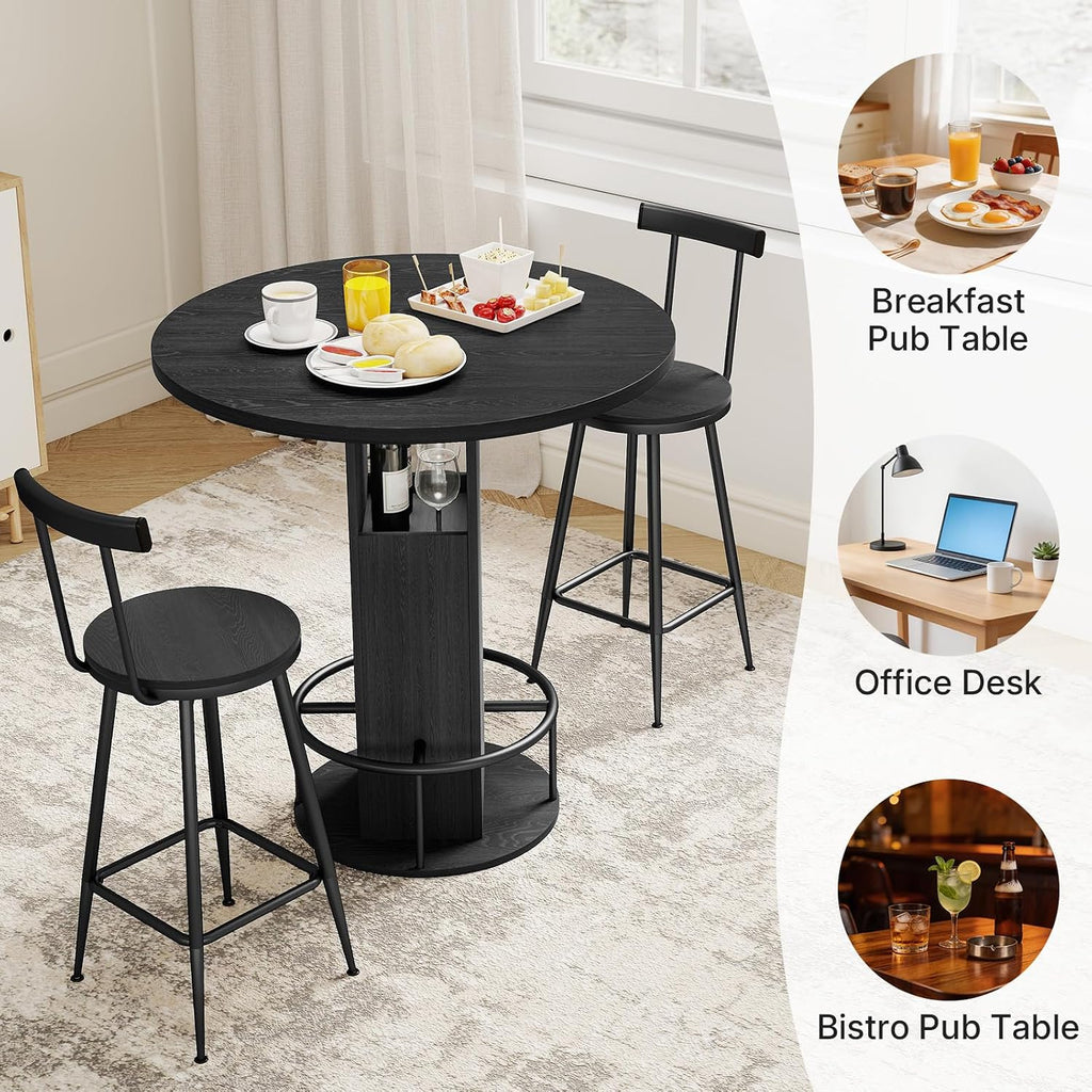 Kiivakii 31.5' 3 Pieces Round Bar Table Set, Pub Table and Chairs for 2, Kitchen Bar Table with 2 Stools & Built-in Storage, Small Dining Table Set for Dining Room, Bistro & Small Space, Black