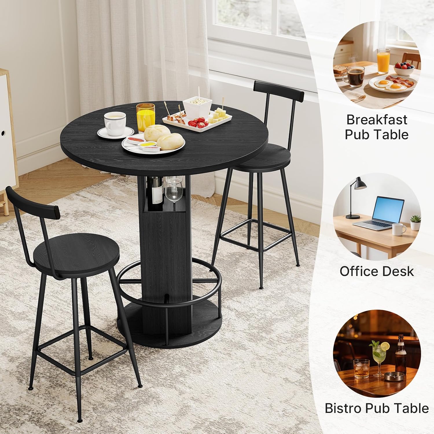 Kiivakii 31.5' 3 Pieces Round Bar Table Set, Pub Table and Chairs for 2, Kitchen Bar Table with 2 Stools & Built-in Storage, Small Dining Table Set for Dining Room, Bistro & Small Space, Black
