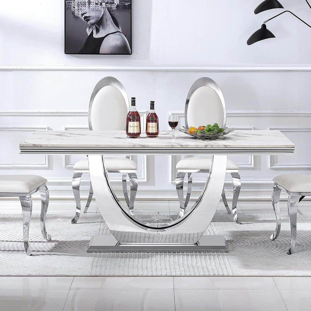 70' White Faux Marble Rectangular Dining Table, Luxury Kitchen Dinner Table for 6-8, Mid Century Modern Design with Silver Stainless Steel U Pedestal