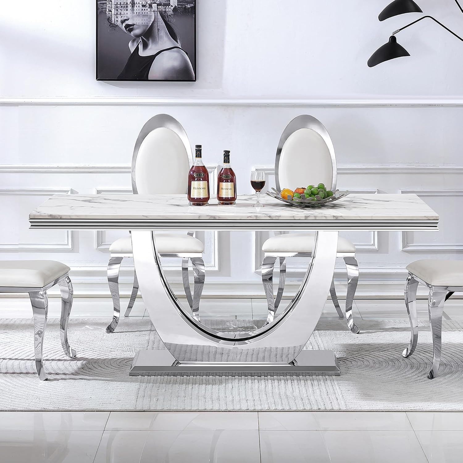 70' White Faux Marble Rectangular Dining Table, Luxury Kitchen Dinner Table for 6-8, Mid Century Modern Design with Silver Stainless Steel U Pedestal