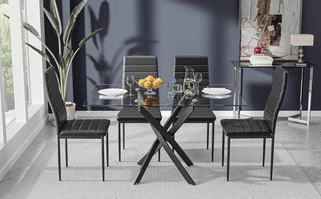 Tempered Glass Dining Table with Black Metal Legs, 47in Modern Rectangular Kitchen Table for Kitchen Dining Room Home Office (47.24 * 27.55, Black)