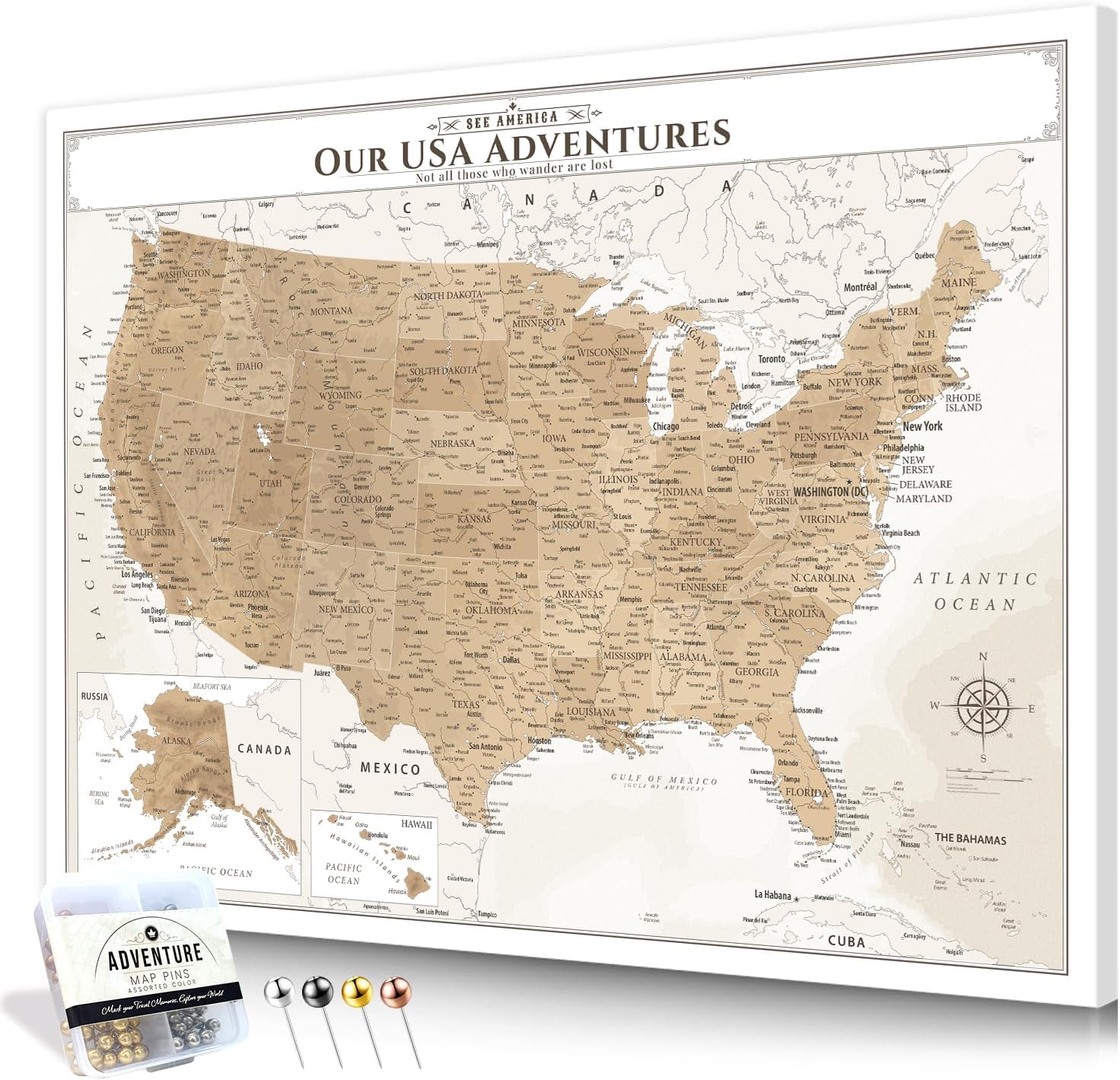 IPIC - Vintage US Map for Travel, Pin Board Canvas Wall Art, Travel Map with Pins Included, Ready to Hang for Home or Office, 40x30 Inch