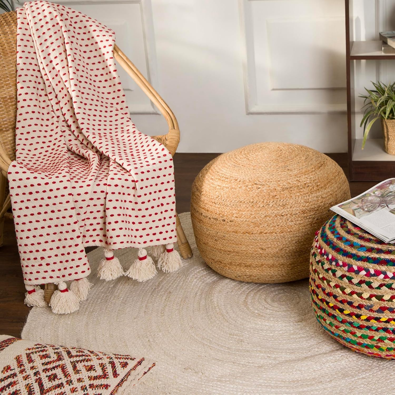 · REDEARTH · Jute Circular Pouf Ottoman - Braided Pouffe Accent Sitting Round Footrest for Living Room, Bedroom, Nursery, kidsroom, Patio, Gym; 100% Jute Set of 2 (19.5'X19.5'X14'; Jute Natural)