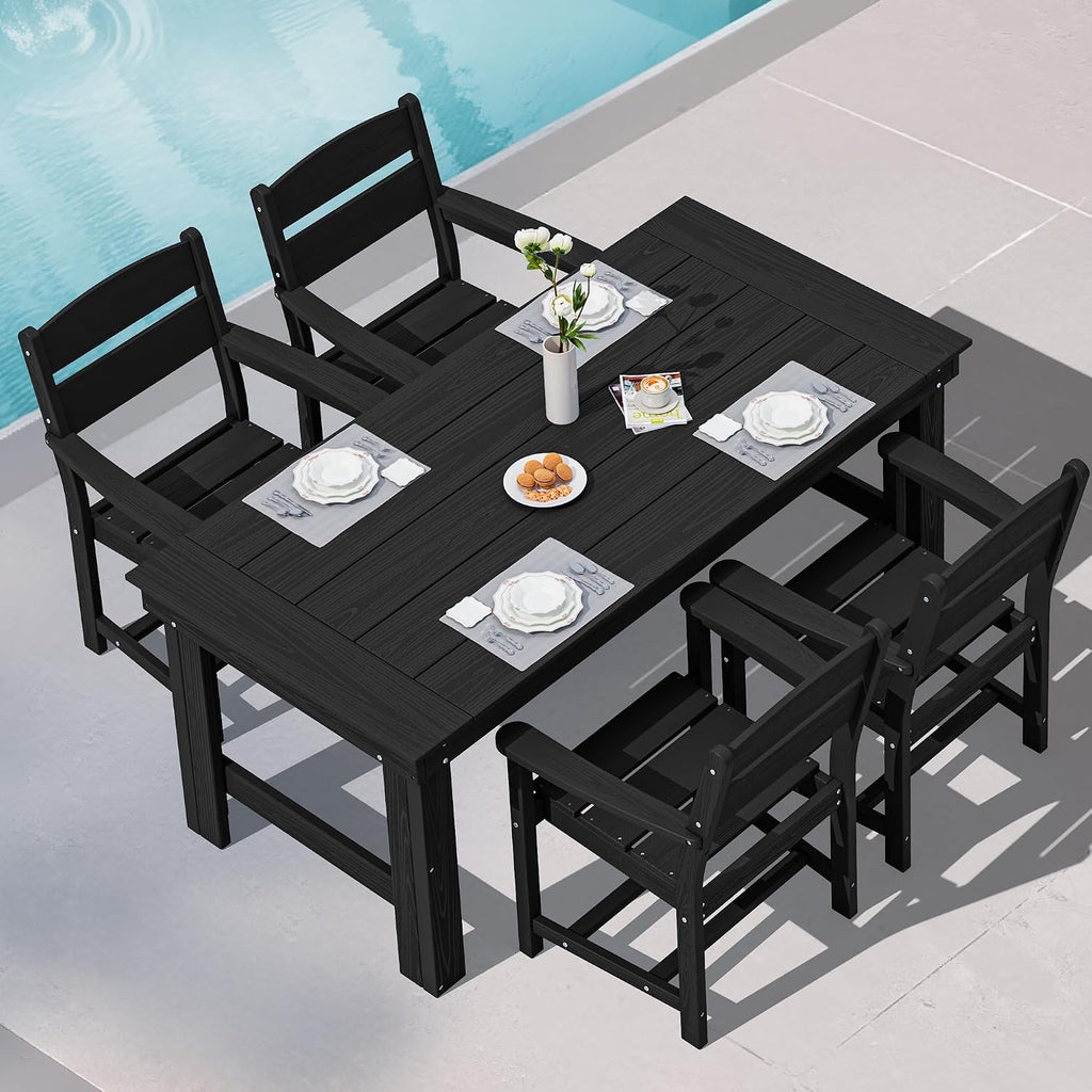 SERWALL Outdoor Dining Table Set, 67'' HDPE Patio Dining Set for 4, All-Weather Outdoor Table and Chairs Set for Deck, Black