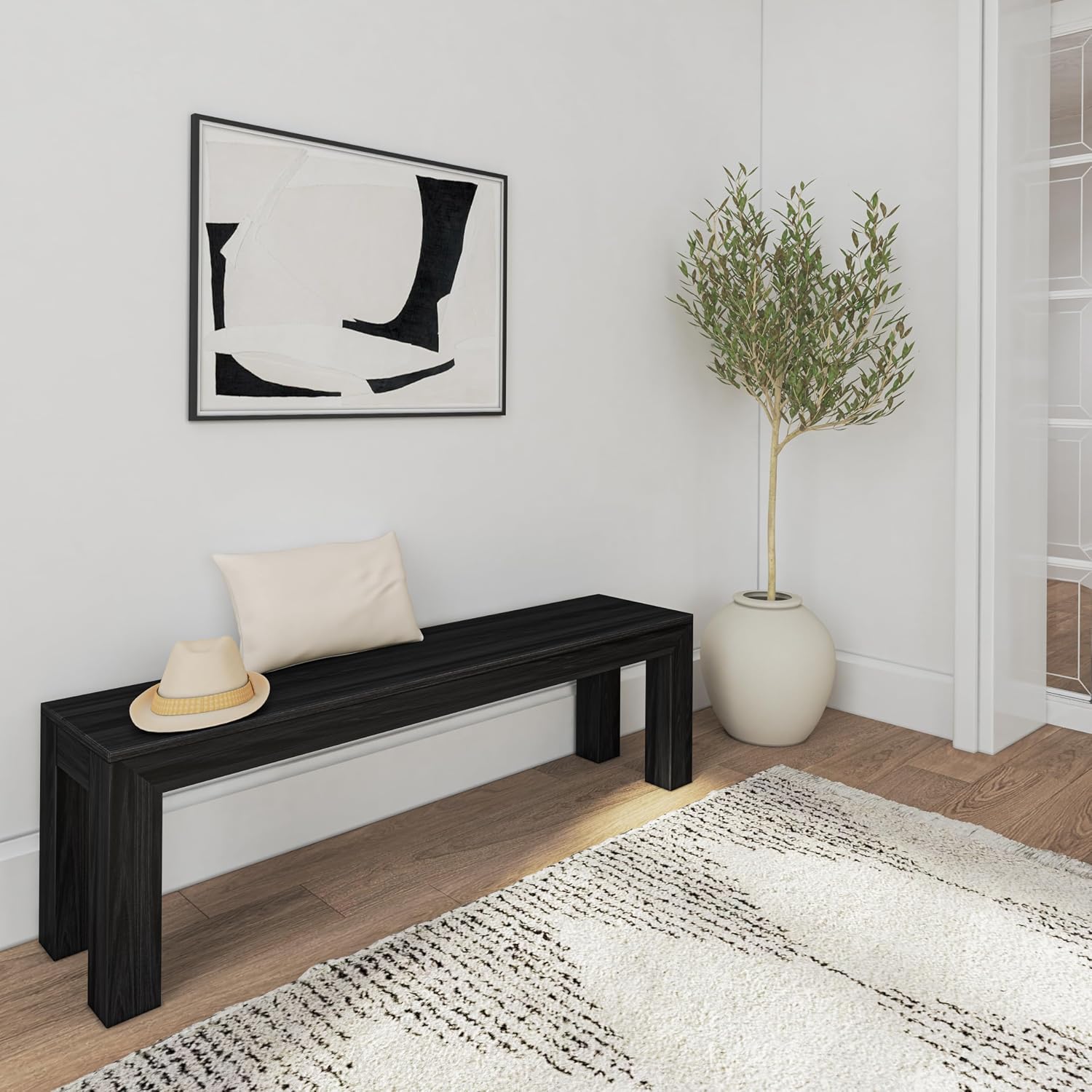 Plank+Beam 60 Inch Dining Bench for Dining Room, Bench for 72 Inch Table Kitchen Dining Seat, Wooden Outdoor Bench, Solid Wood Entryway Bench, Black Wirebrush