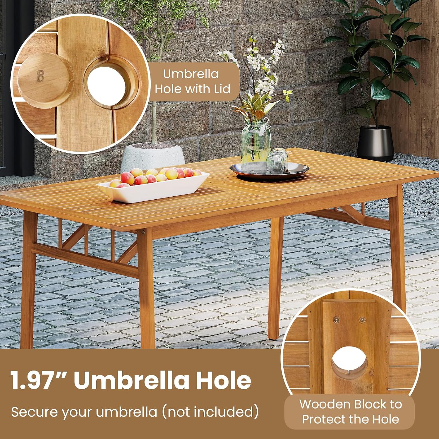 Tangkula 7 Pieces Patio Acacia Wood Dining Set, Outdoor Heavy Duty Rectangular Table with 1.97' Umbrella Hole and 6 Cushioned Chairs, for Deck, Garden and Backyard