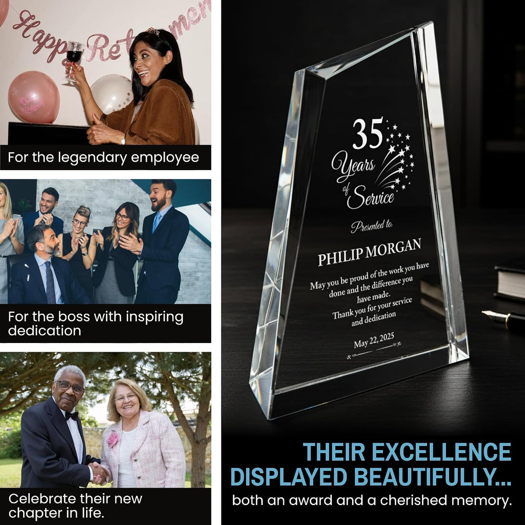Personalized Acrylic Retirement Gifts For Men and Women, Laser Engraved Custom Trophy for Service Recognition, Years Of Service Retirement Trophy Award for Boss, Employee, Teacher Crystal Peak)