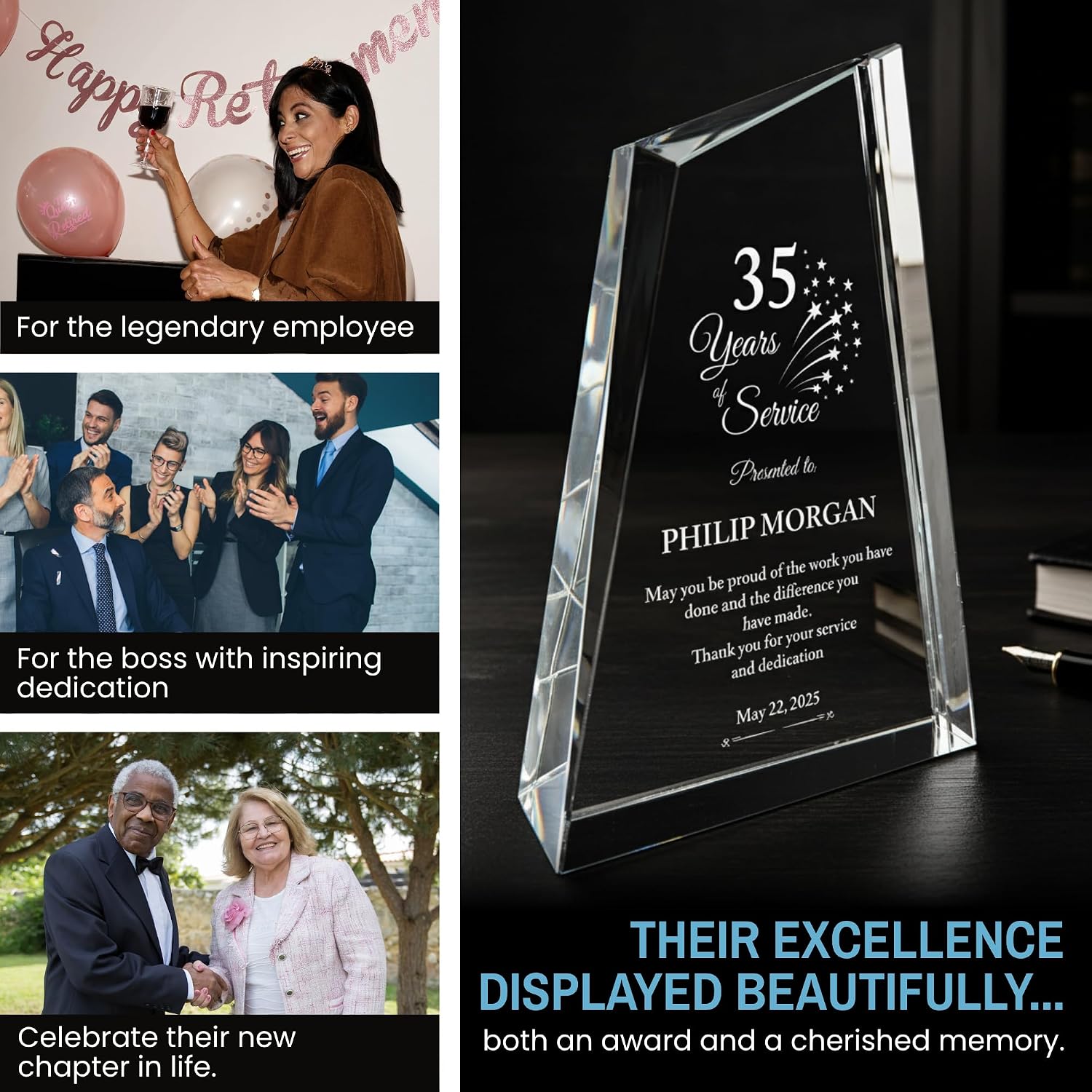 Personalized Acrylic Retirement Gifts For Men and Women, Laser Engraved Custom Trophy for Service Recognition, Years Of Service Retirement Trophy Award for Boss, Employee, Teacher Crystal Peak)