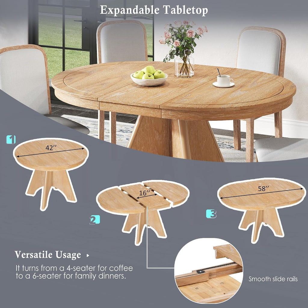 LUMISOL 42'-58' Extendable Round Dining Table for 4-6, Farmhouse Kitchen Table with Distressed Finish and Sturdy Crossed Legs, Wood Dinner Tables for Kitchen, Dining Room, Natural Wood Wash