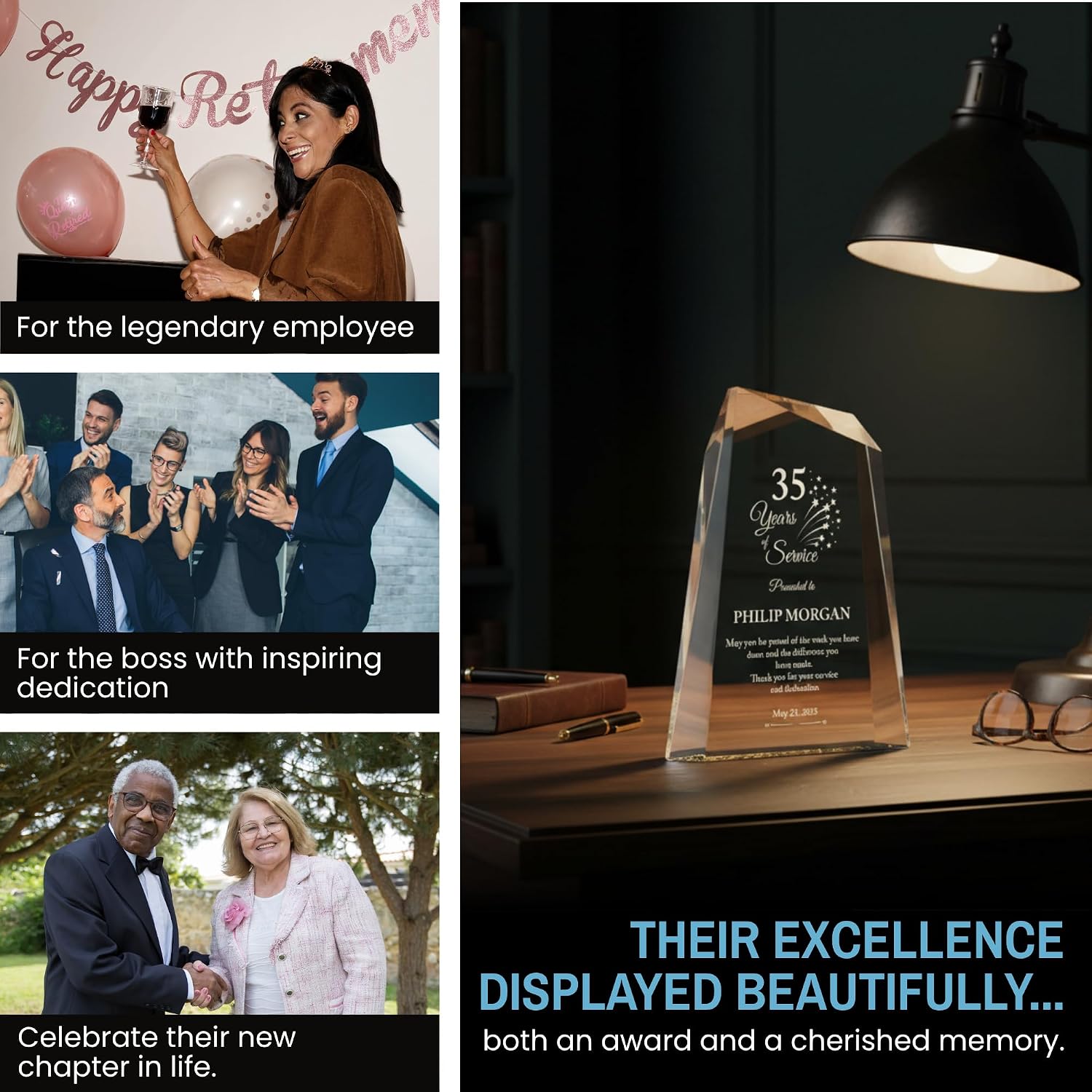 Personalized Acrylic Retirement Gifts For Men and Women, Laser Engraved Custom Trophy for Service Recognition, Years Of Service Retirement Trophy Award for Boss, Employee, Teacher (Clear Facet Wedge)