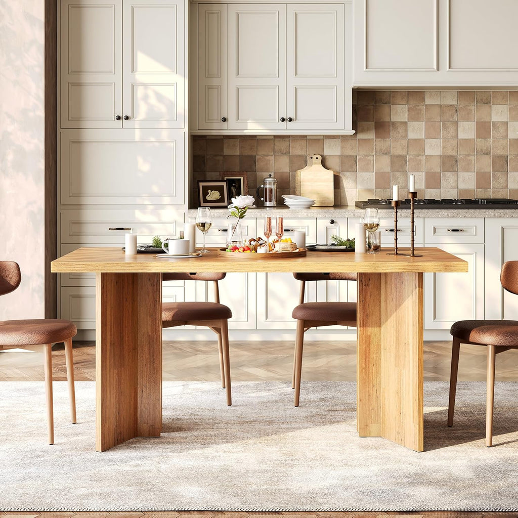LITTLE TREE Wooden Dining Table Set for 6, 63-Inch Rectangle Kitchen Table, Modern Dinner Table for Home Dining Room, Kitchen Room, Brown