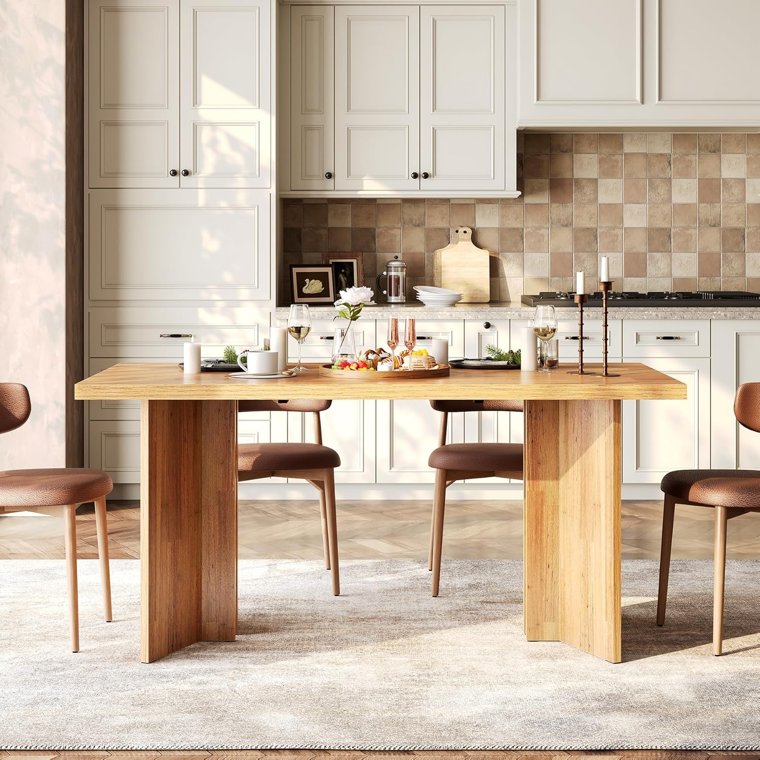 LITTLE TREE Wooden Dining Table Set for 6, 63-Inch Rectangle Kitchen Table, Modern Dinner Table for Home Dining Room, Kitchen Room, Brown
