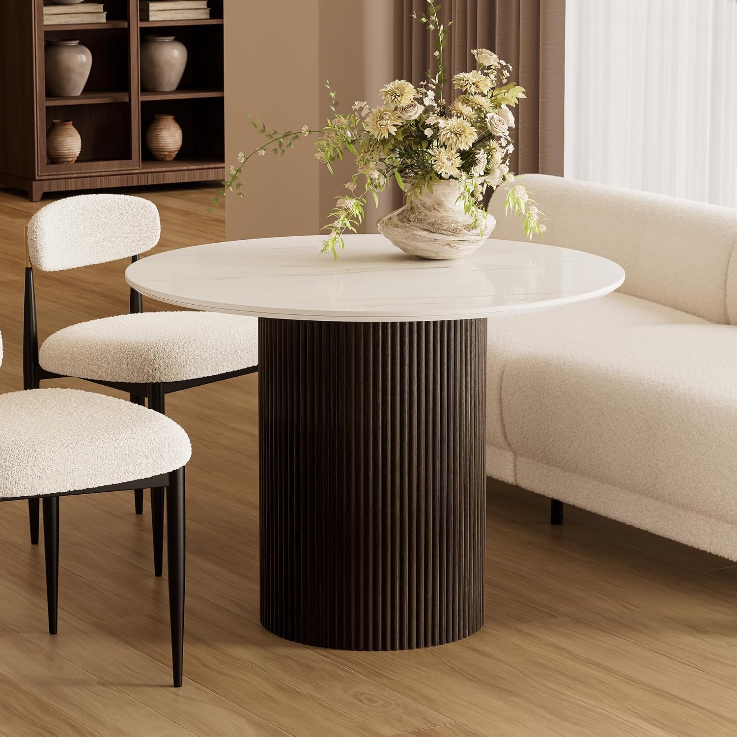 Morden Fort 42 Inch Round Dining Table for 4, Modern Marble Dining Table with Fluted Solid Wood Base for Kitchen, Dining Room and Apartment
