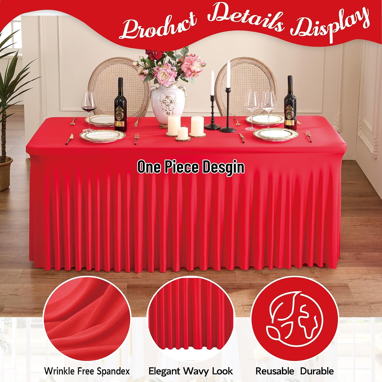 Outpain 6ft Spandex Polyester Blend Tablecloth for Standard Folding Tables - 6 Pack Red Table Protector for Party, Wedding, Banquet, Festival