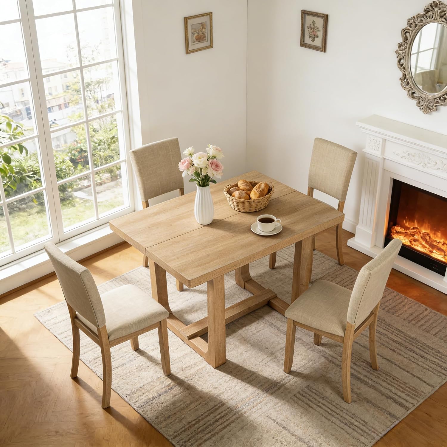 leovanni Rectangle Dining Table Set of 4, 48' Rectangle Kitchen Table and Upholstered Chairs Set for Kitchen, Dining Room, Apartment, Natural