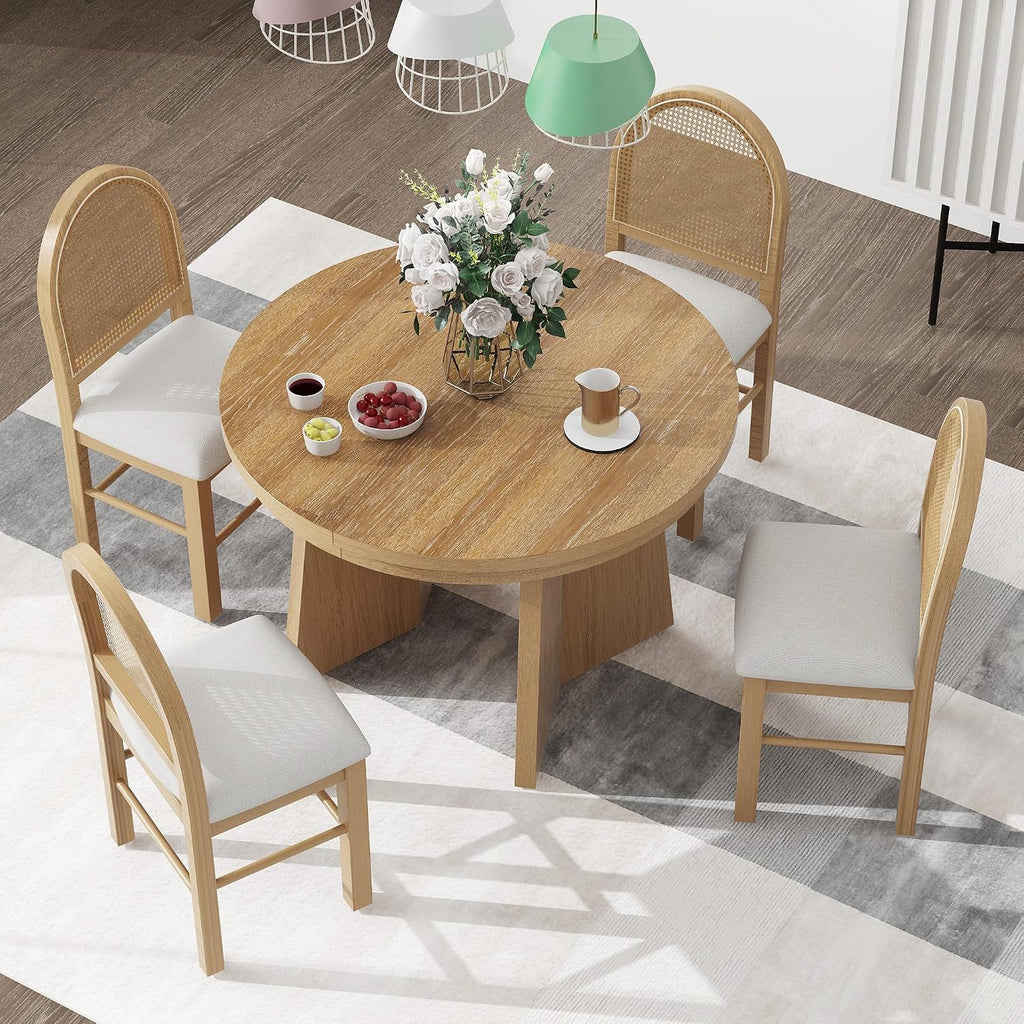 Merax Extendable Round Dining Table Set for 4, Wooden Construction with Upholstered Chairs with Rattan Backrests, Retro Style for Kitchen, Indoor Use, Natural