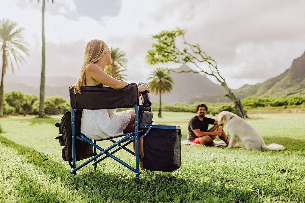 PICNIC TIME Fusion Camping Chair with Side Table and Soft Cooler, Outdoor Foldable Padded Camping Chairs with Cup Holder for Lawn, Beach, & Sports Use for Adults, (Dark Gray Blue Accents)
