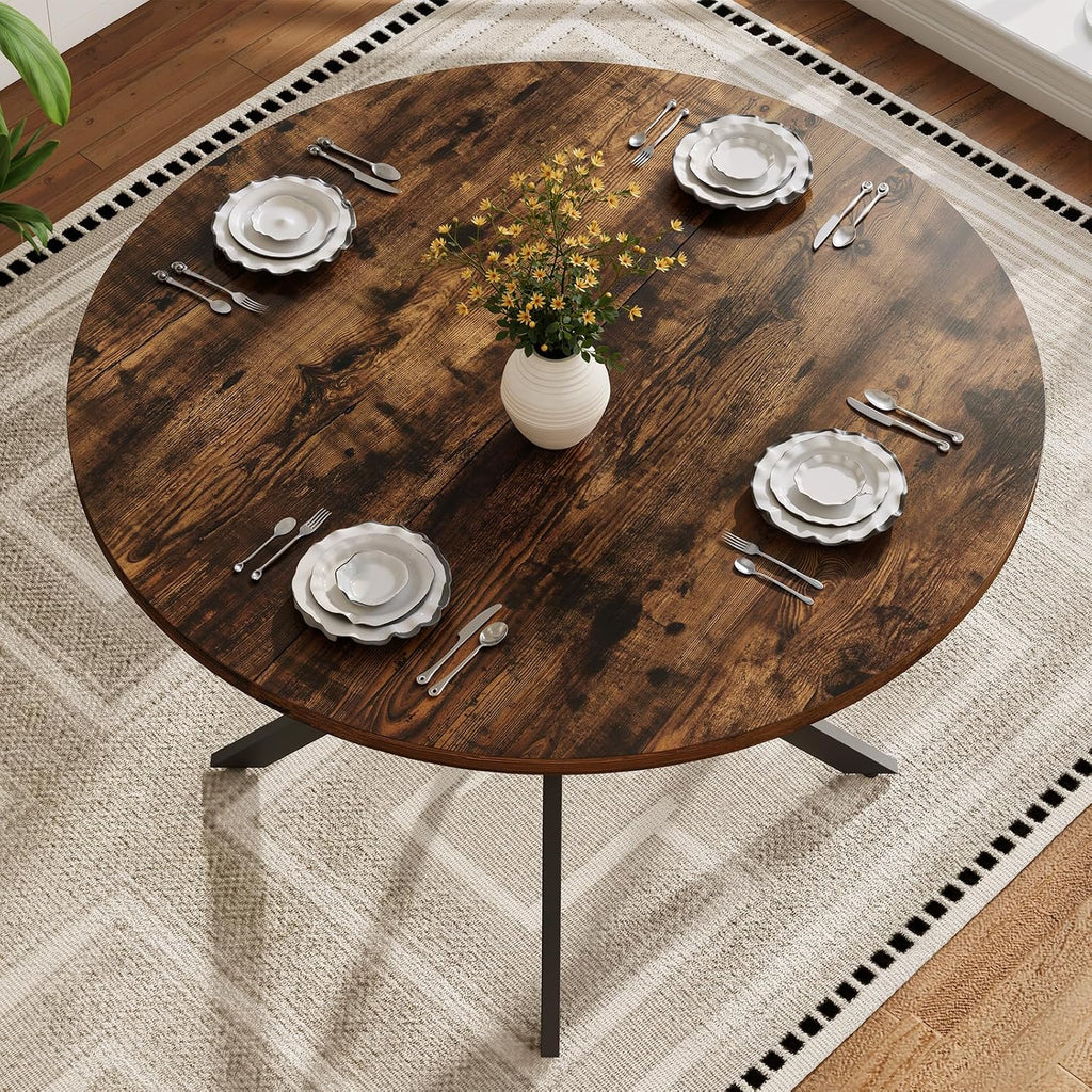 Vantic 47' Round Dining Table for 4-6 People, Farmhouse Wood Kitchen Table for Small Space,Circle Dining Table with Metal Base for Kitchen & Living Room, Rustic Brown