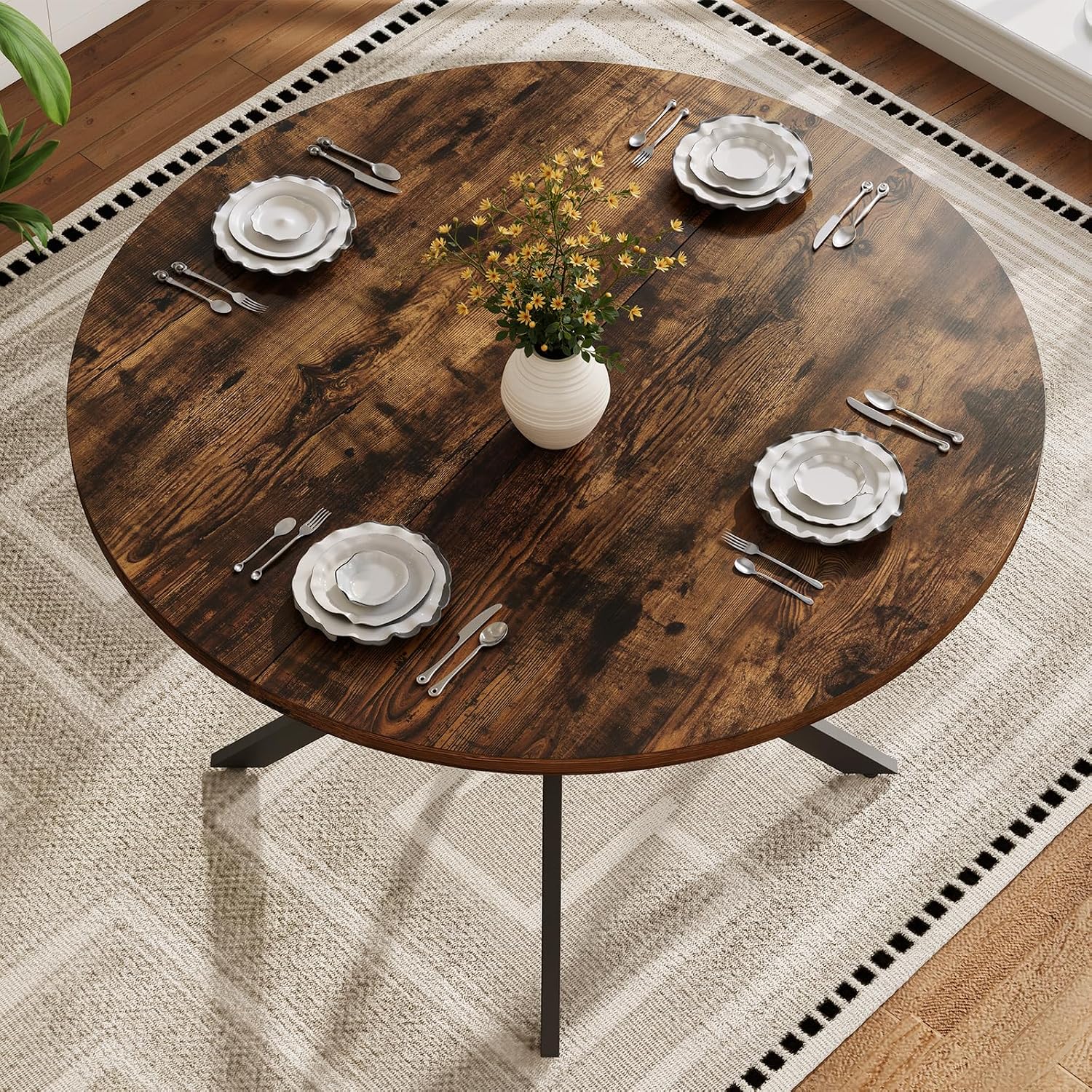 Vantic 47' Round Dining Table for 4-6 People, Farmhouse Wood Kitchen Table for Small Space,Circle Dining Table with Metal Base for Kitchen & Living Room, Rustic Brown