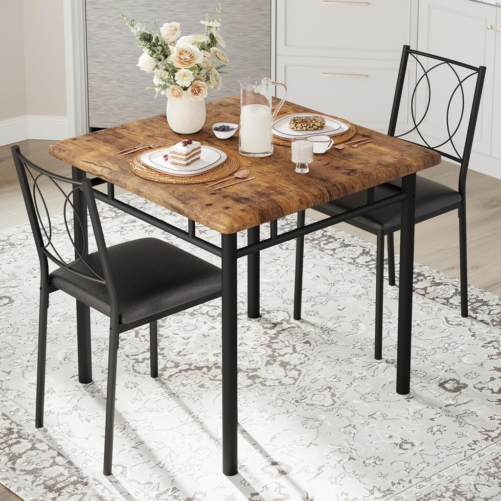 Garvee Dining Table Set for 2, Small Kitchen Table with Upholstered Chairs, Farmhouse Wood Dining Table Chairs for Kitchen Room, Small Spaces, Apartment, Brown