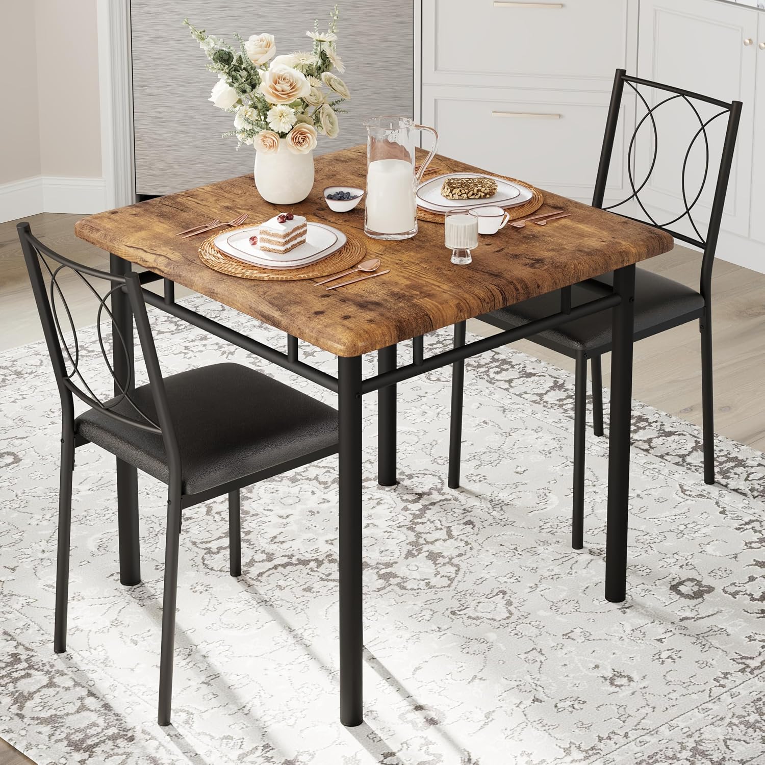 Garvee Dining Table Set for 2, Small Kitchen Table with Upholstered Chairs, Farmhouse Wood Dining Table Chairs for Kitchen Room, Small Spaces, Apartment, Brown