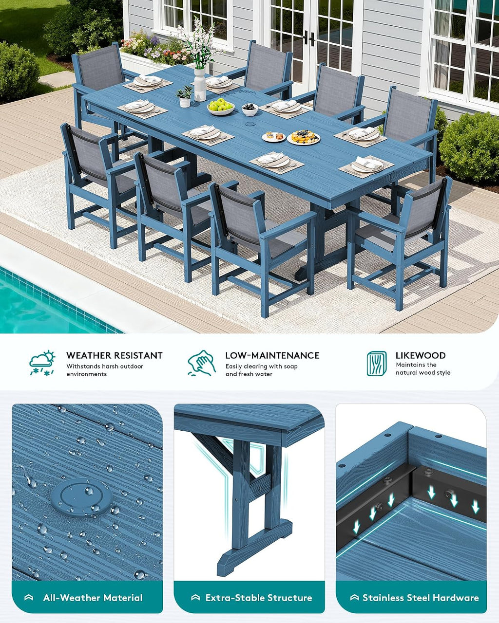 SERWALL 9 Piece Outdoor Dining Set, 84' HDPE Outdoor Large Table and Textilene Sling Chairs for 8，All Weather Patio Dining Furniture Set with Umbrella Hole for Backyard, Garden, Blue