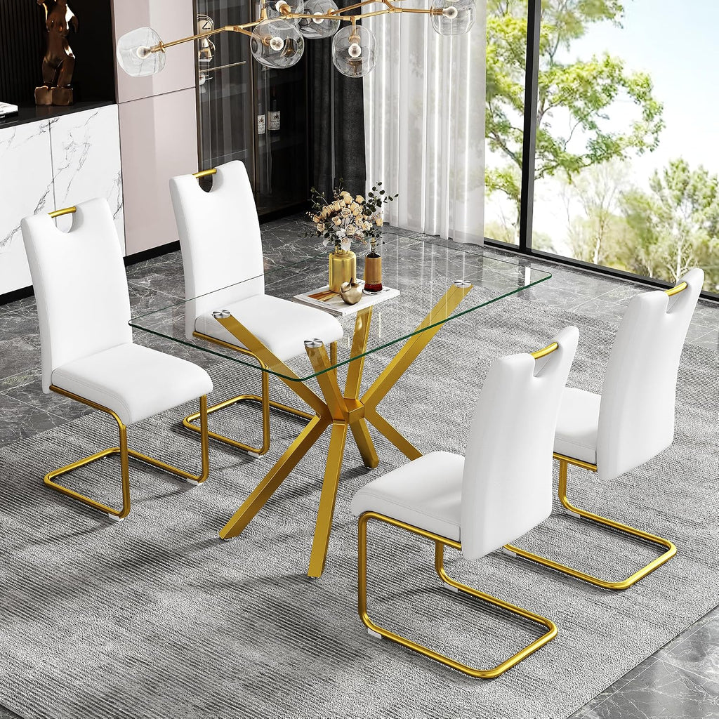 Dining Table Modern Tempered Glass Dinner Table, Rectangle Kitchen Table with Sturdy Metal Legs, Contemporary Minimalist Design, Ideal for Dining Room, Kitchen, or Small Spaces (Golden, 47.24')