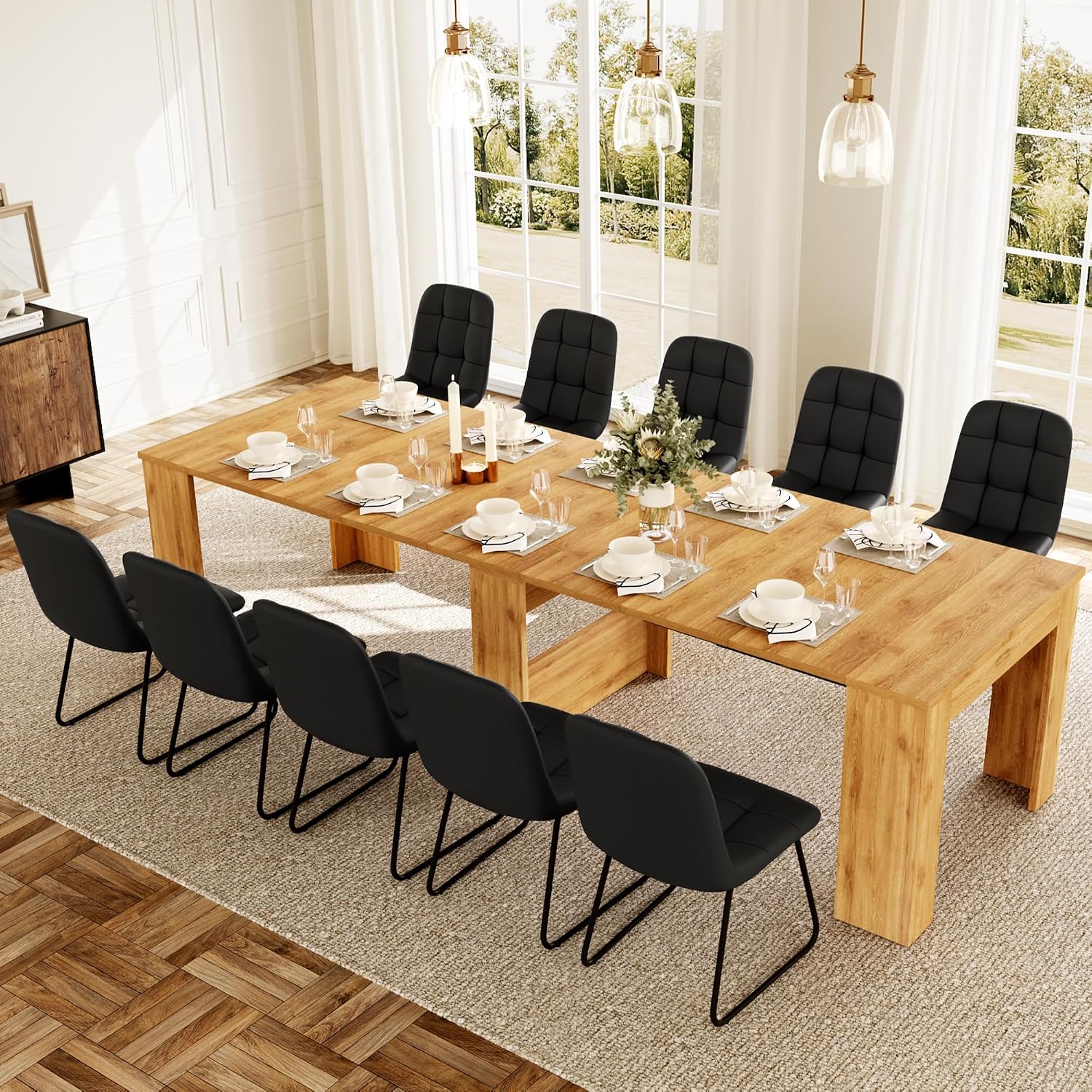 HIPIHOM 17.7'-118' Extendable Dining Table Set for 12, Extension Long Table Set with Extension Leaves Holder, Space-Saving for Meeting, Dining Room(Oak Table+10 U-Shaped Black Chairs)