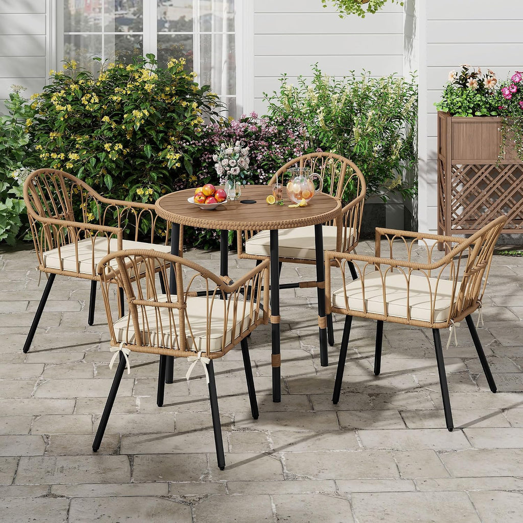 DWVO Outdoor Patio Dining Table Round for 4 35.4' Outdoor Tables with Umbrella Hole & Adjustable Levelers All-Weather Bistro Table with Metal Frame for Lawn Garden Backyard