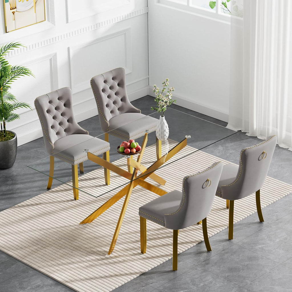 HomVent 5 Piece Rectangular Glass Dining Table Set, Tempered Glass Dinner Table Set for 4 Kitchen Table Set with 4 Velvet Upholstered Chairs for Kitchen Dining Room