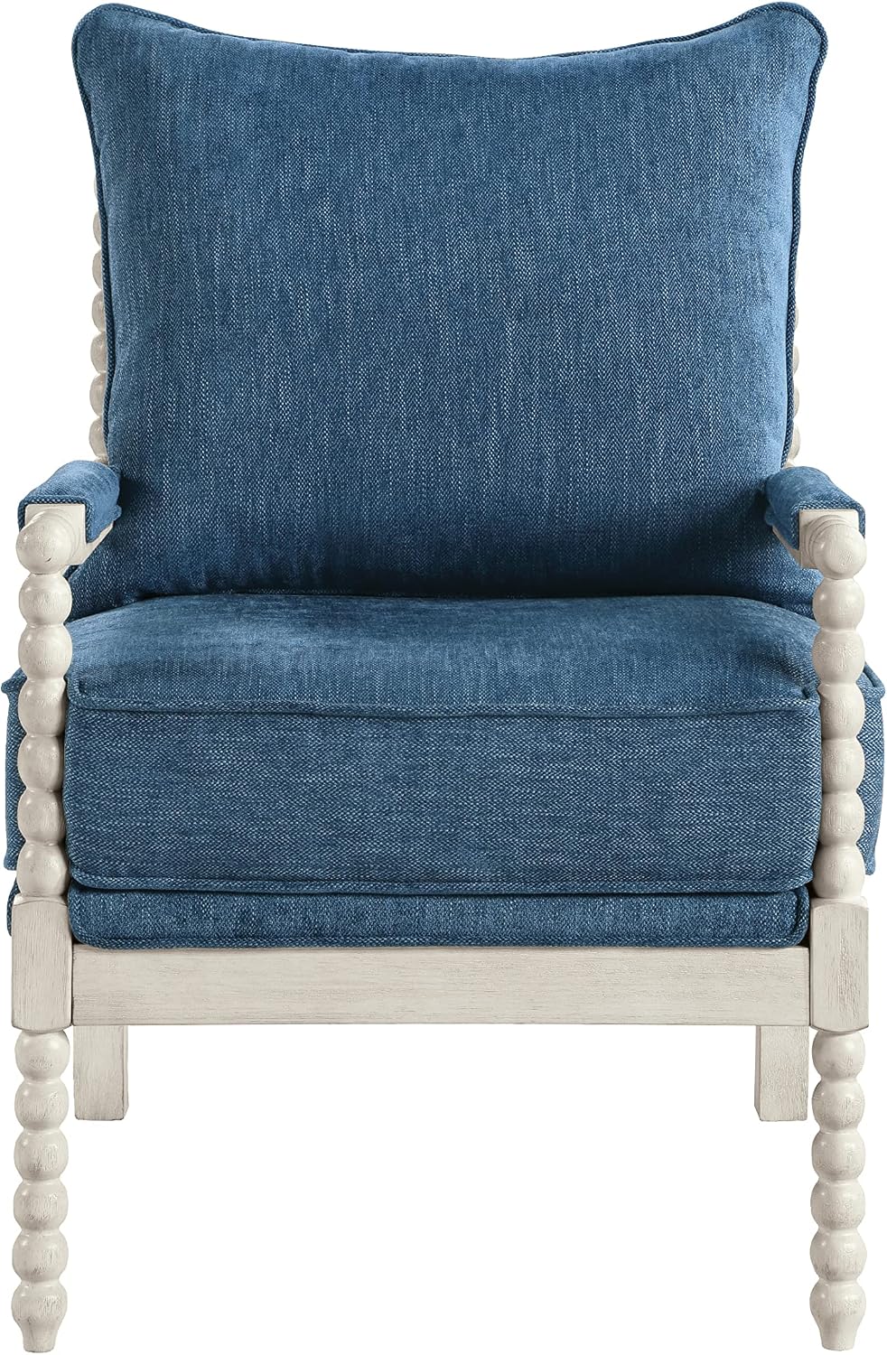 OSP Home Furnishings Kaylee Spindle Accent Chair with Antique White Wood Frame, Navy Blue Fabric