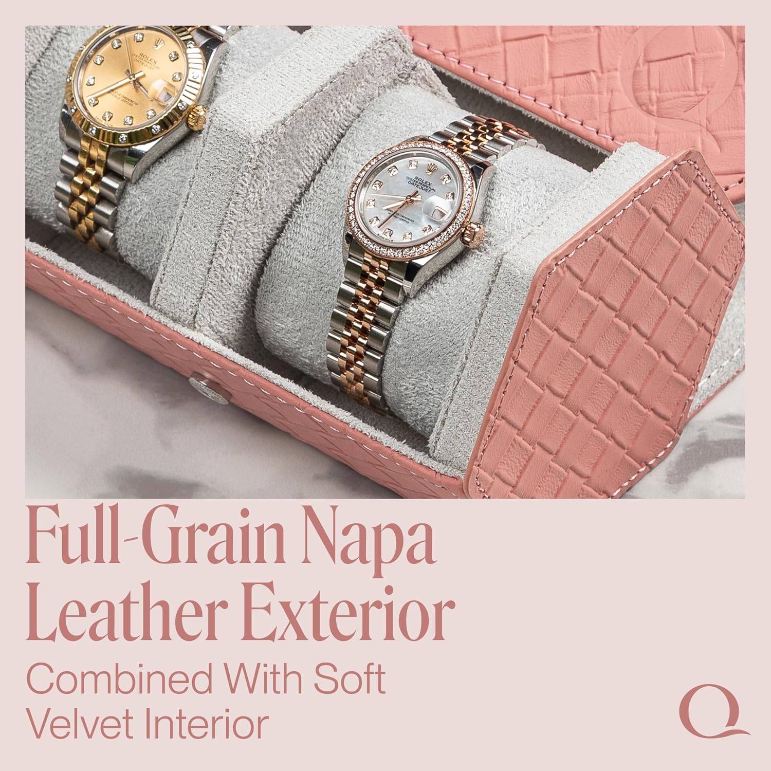 QWATCHBANDS Ladies Leather Watch Rolls for Women - Hexagon Triple Watch Roll Travel Case for 3 Watches - Storage Organizer Genuine Leather with Velvet Interior Display (Woven Pink/Gray)
