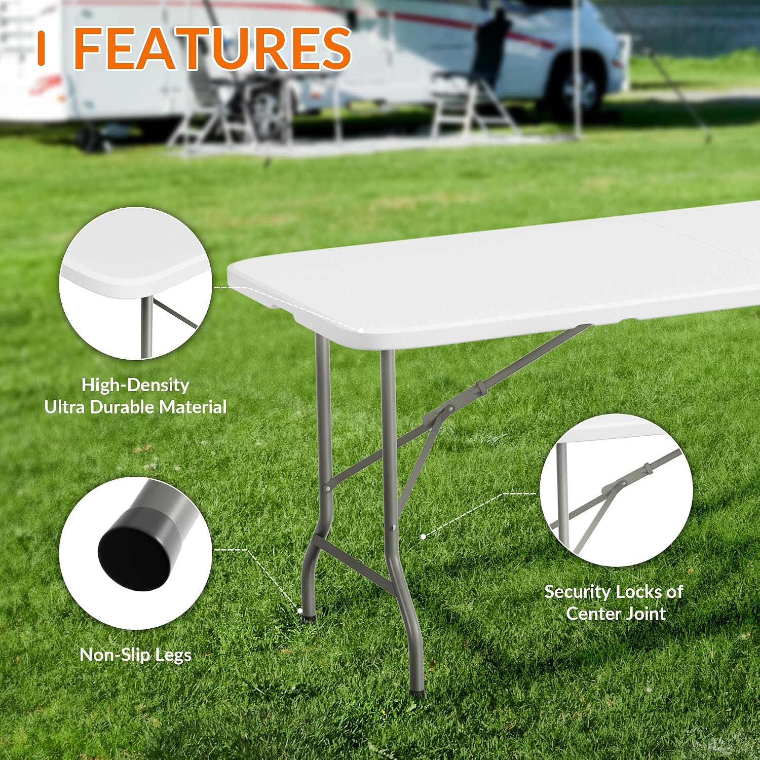 Elevon Folding Table Set with 6 White Folding Chairs,6 Feet Heavy Duty Fold-in-Half Utility Table Sets for Picnic, Event, Training, Outdoor Activities, at Home and Commercial Use