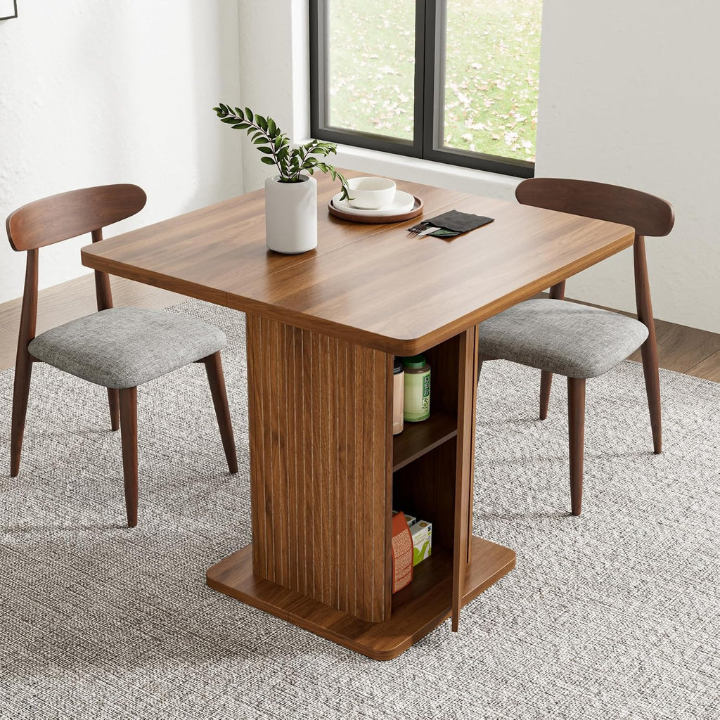 Small Square Dining Table for 2-4, 31.5 Inch Farmhouse Kitchen Table with 2-Tier Storage Shelf, Modern Wood Dinner Furniture with Fluted Doors, Dining Room, Living Room, Space Saving, Walnut