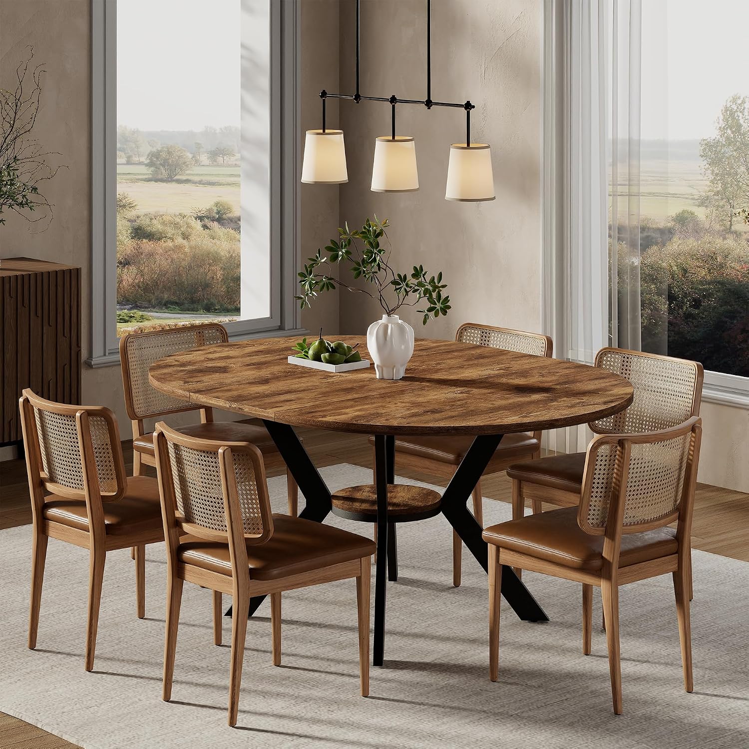 42'-58' Extendable Oval Dining Table for 4-6, Kitchen Round Table with Hidden Leaves & Storage Shelf, Space Saving Modern Design with Sturdy Metal Legs for Kitchen, Dining Room & Small Apartments