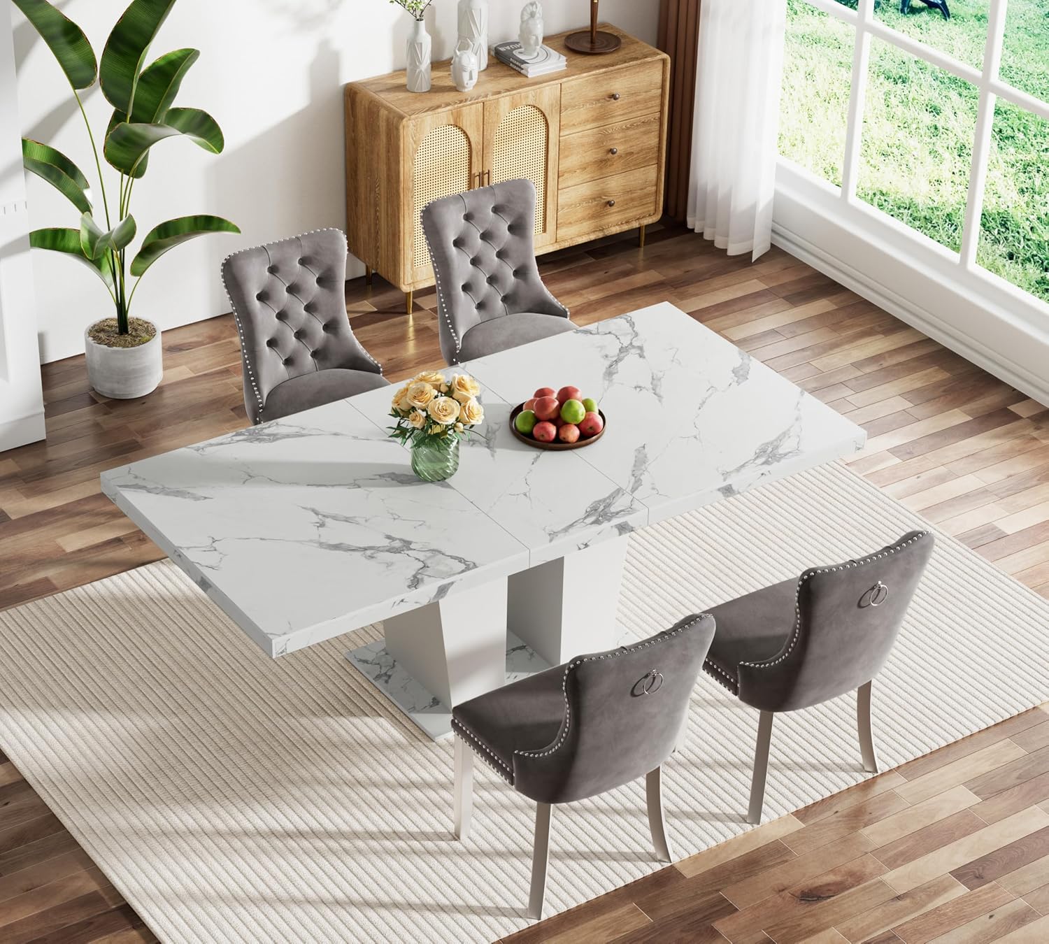 Henf 5 Pieces Faux Marble Dining Table Set for 4, 63'-79' Extendable Dining Room Table and 4 Grey Tufted Chairs Set for 4, Modern Large Expandable Kitchen Table with White Double Columns Base