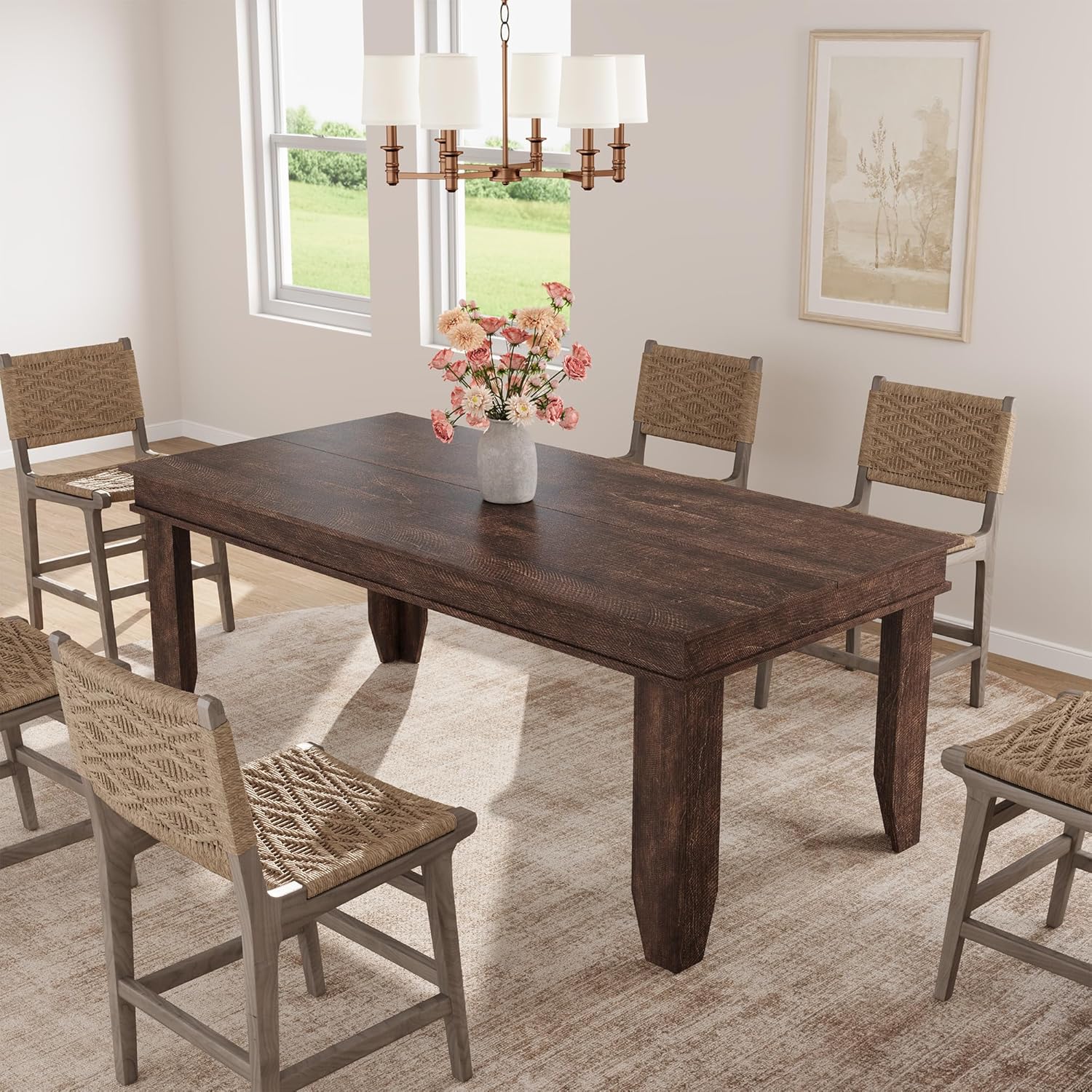 GarveeHome Farmhouse Dining Table for 6-8 People, 71 in Long Kitchen Tables with Wooden Sturdy Frame, 6 ft Large Rectangular Dinner Table for Dining Room, Kitchen, Dark Walnut, 71' Non-extendable