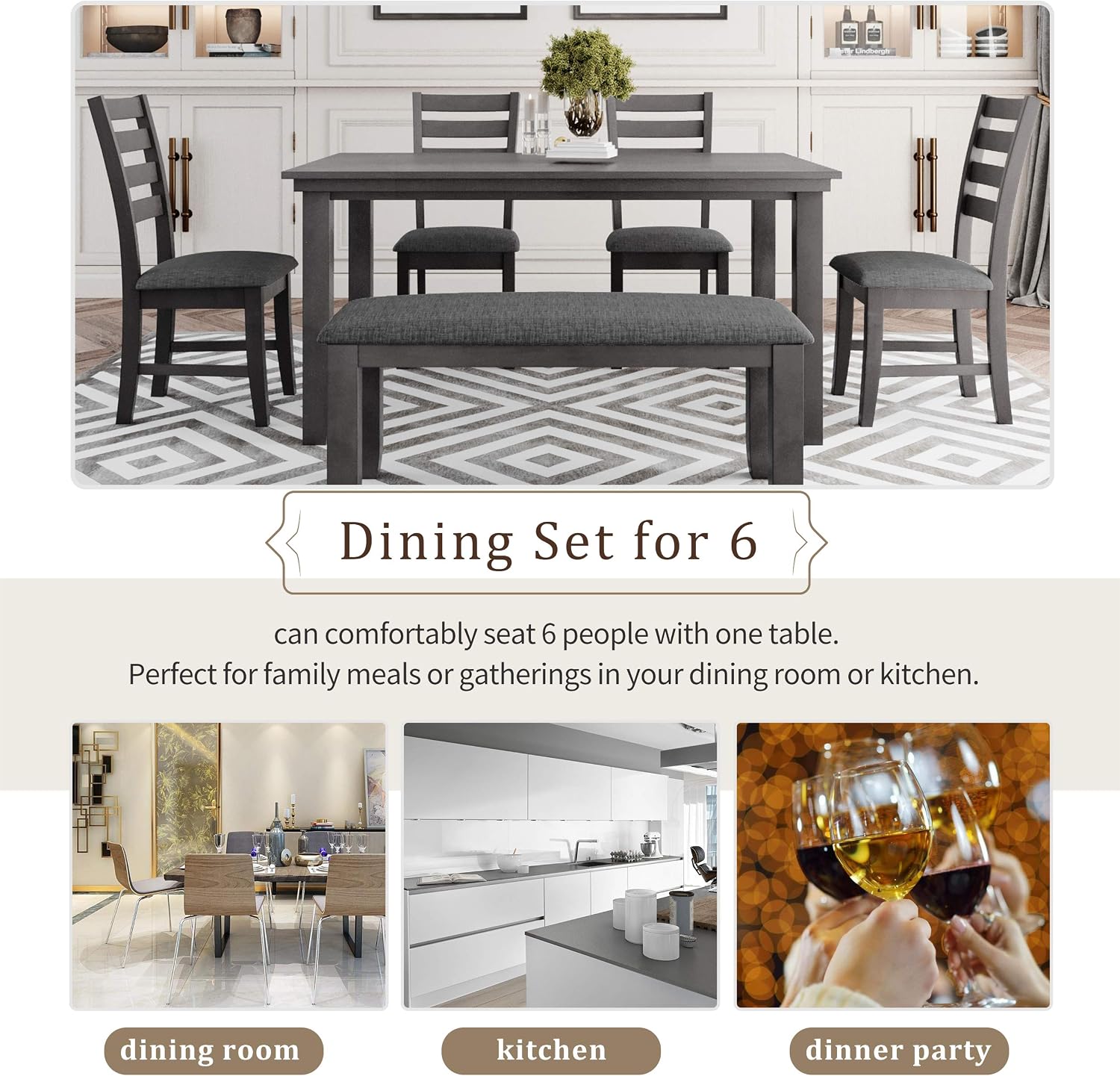 Dining Room Table and Chairs with Bench, Rustic Wood Dining Set, Set of 6 (Gray)