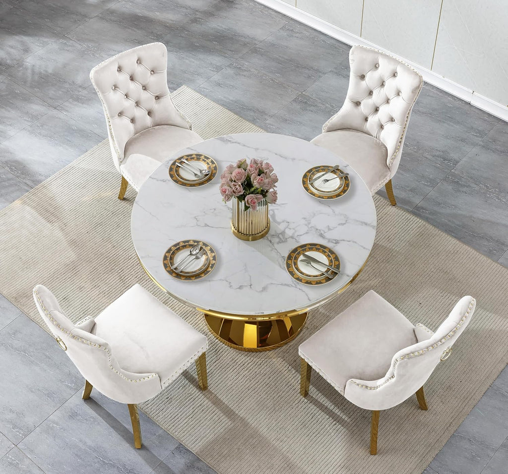 45 in Round Marble Dining Table for 4 to 6, Modern Circular White Faux Marble Kitchen Table with Gold Diamond Stainless Steel Base, Round Kitchen Dining Room Table for Breakfast Dinette Dinner Party