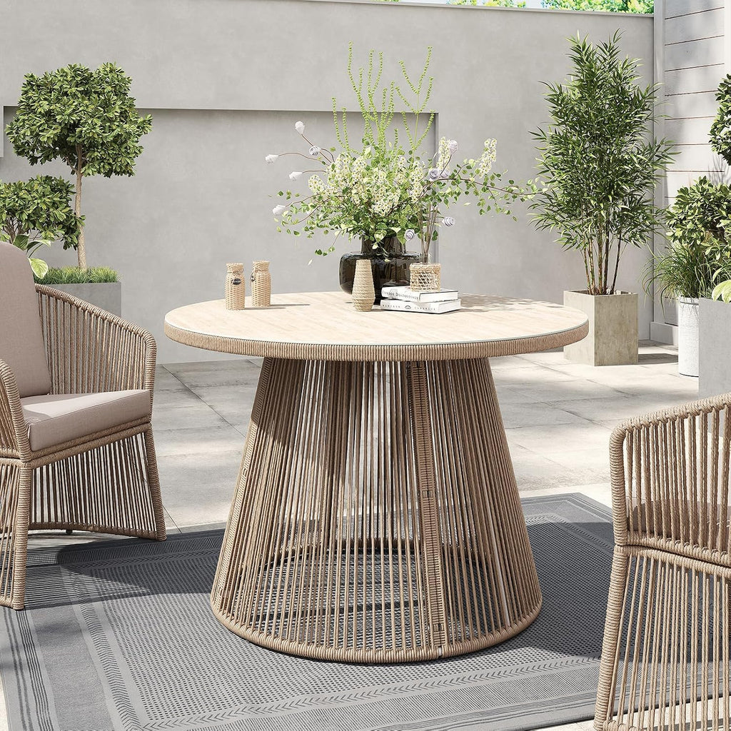 SUNSITT 43' Outdoor Dining Table, Patio Round Table for 4, Modern Patio Dining Table w/Beige Rattan Design, Tempered Glass Top w/Ceramic Coating, Metal Frame Outdoor Table for Garden Backyard Lawn