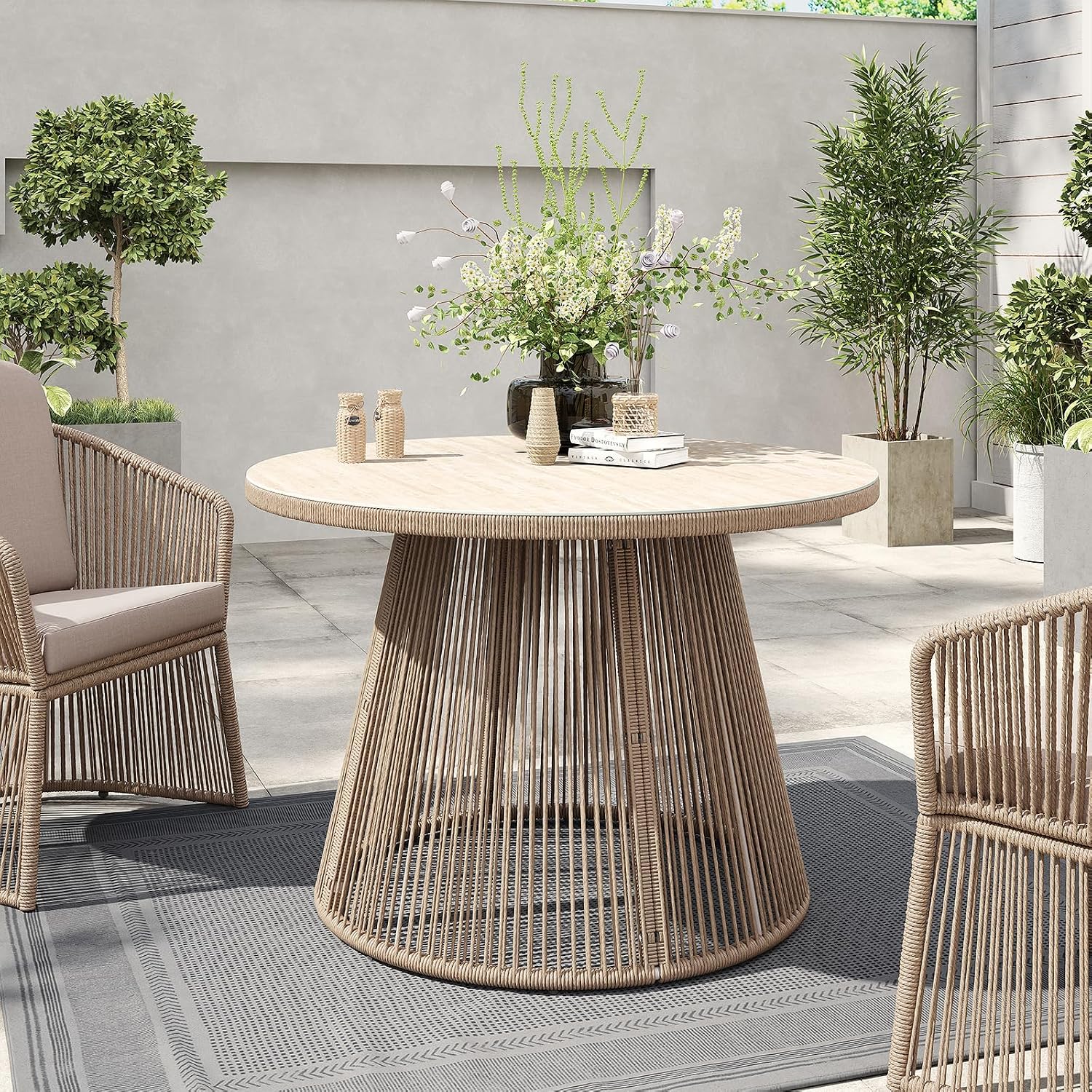 SUNSITT 43' Outdoor Dining Table, Patio Round Table for 4, Modern Patio Dining Table w/Beige Rattan Design, Tempered Glass Top w/Ceramic Coating, Metal Frame Outdoor Table for Garden Backyard Lawn