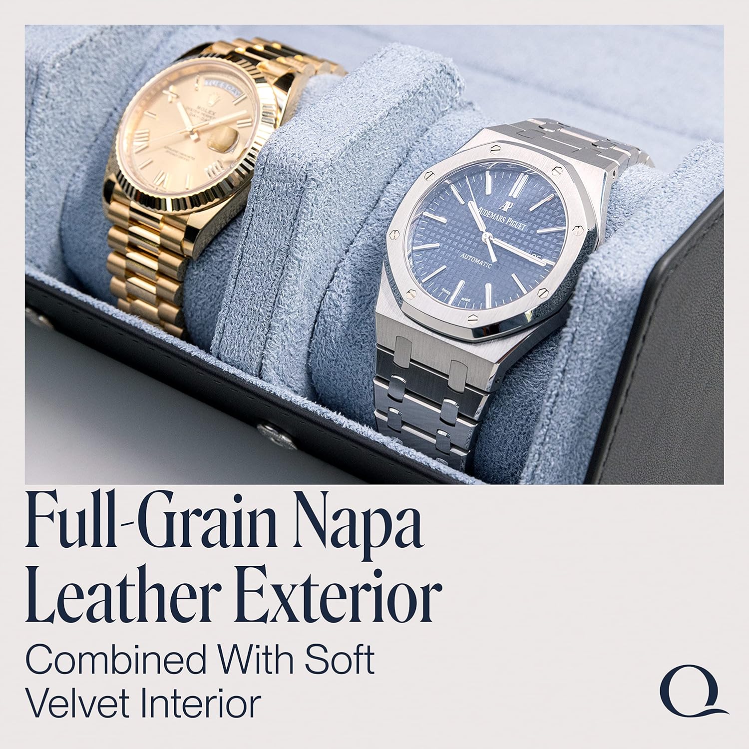 QWATCHBANDS Napa Leather Watch Rolls for Men - Hexagon Triple Watch Roll Travel Case for 3 Watches - Storage Organizer Genuine Leather with Velvet Interior Display (Gray/Blue)