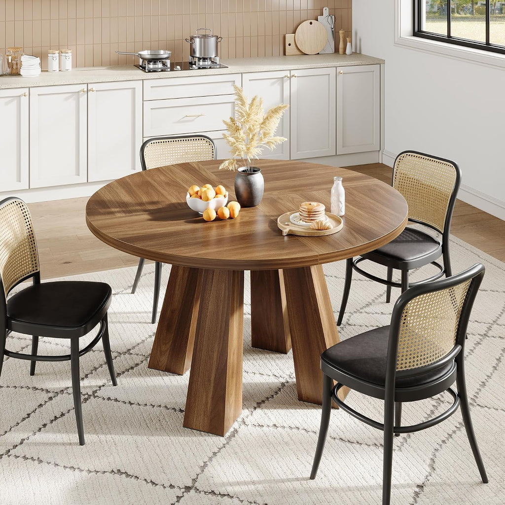 IDEALHOUSE 47' Round Dining Table for 4-6, Wood Kitchen Table with Sturdy Base, Farmhouse Circle Dinner Table for Dining Room, Living Room, 4 Strong Legs, Walnut