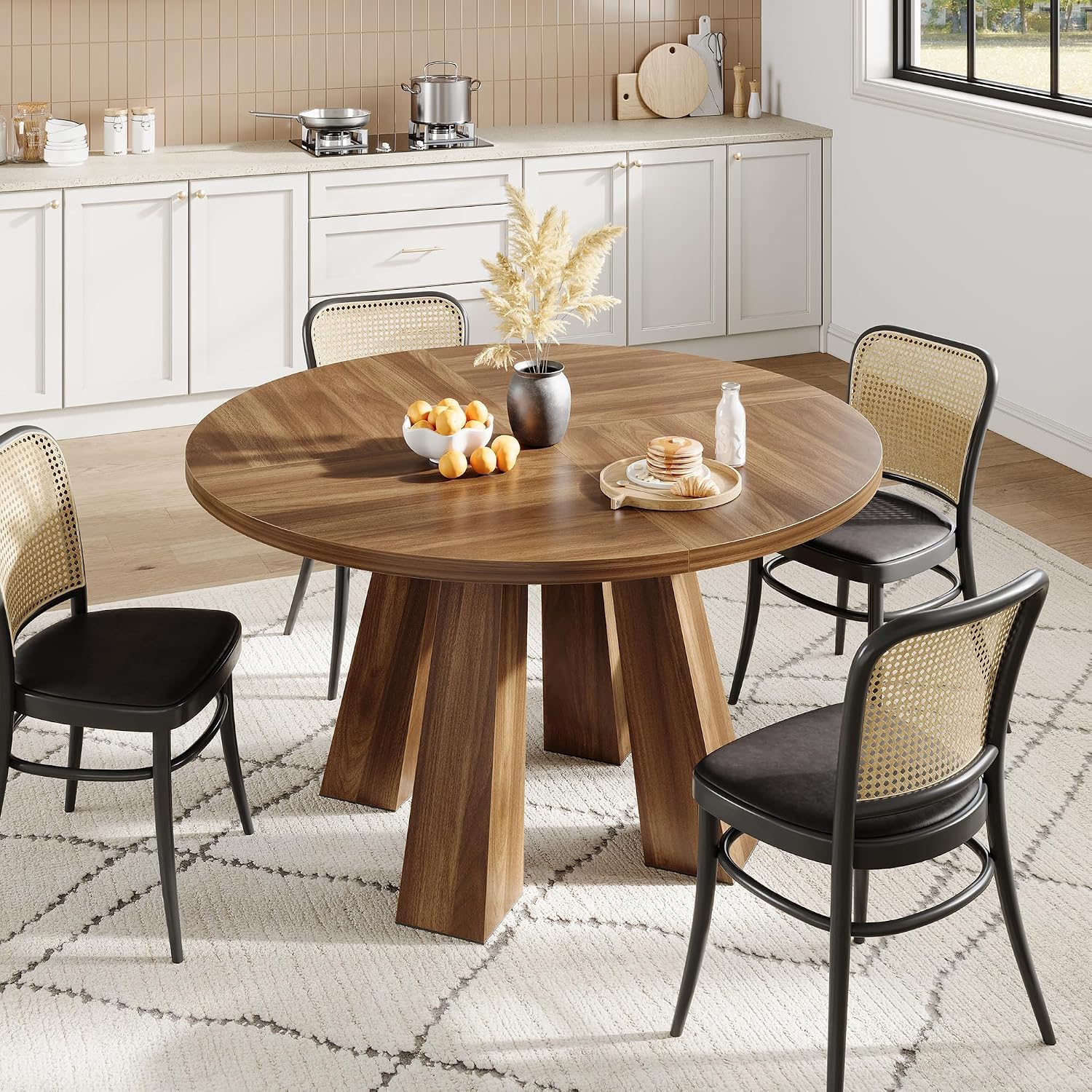 IDEALHOUSE 47' Round Dining Table for 4-6, Wood Kitchen Table with Sturdy Base, Farmhouse Circle Dinner Table for Dining Room, Living Room, 4 Strong Legs, Walnut
