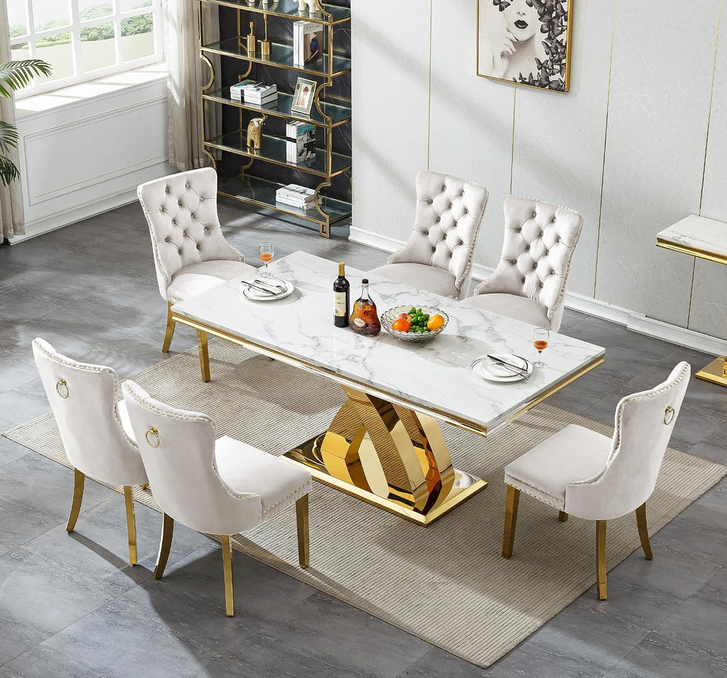 68' Luxury Rectangular Marble Dining Table for 4 to 6, White Faux Marble Kitchen Table with Gold X Shape Stainless Steel Pedestal, Modern Kitchen Dining Room Table for Breakfast Dinette Dinner Party